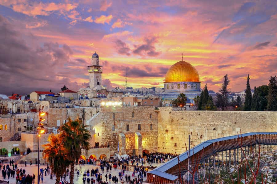 The walled Old City of Jerusalem at sunset
